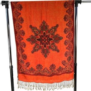 Silky Soft Reversible Black/Orange Paisley Pashmina Braided Fringe Scarf